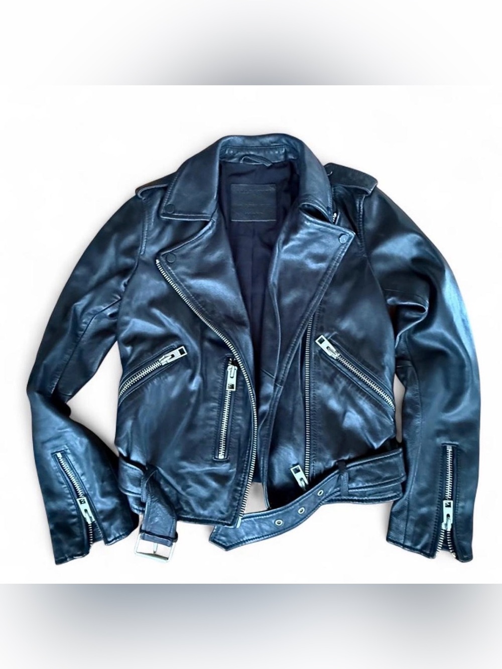 AllSaints Black Leather Moto Jacket with Silver Hardware